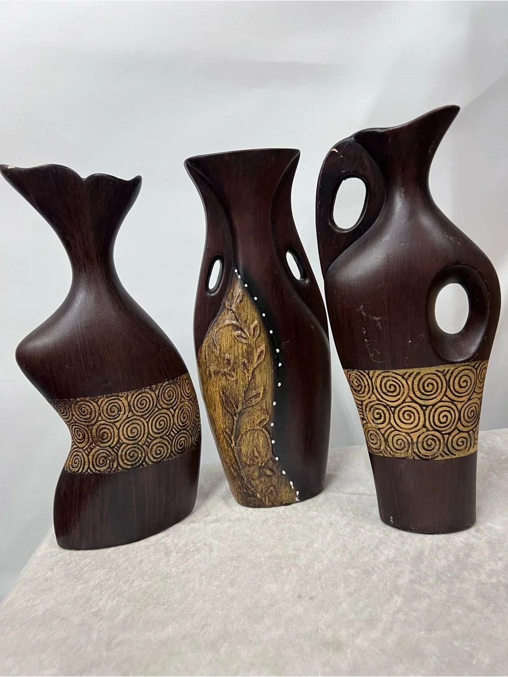 Brown Decorative Vase Set spiral accents 3 piece FLAWED